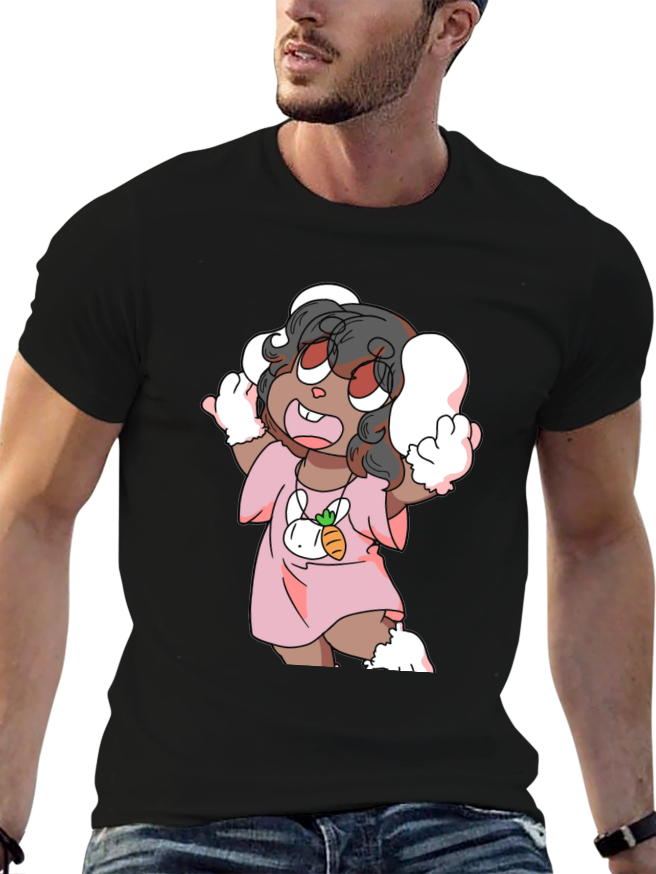 Cartoon Bunny Character Black Tee
