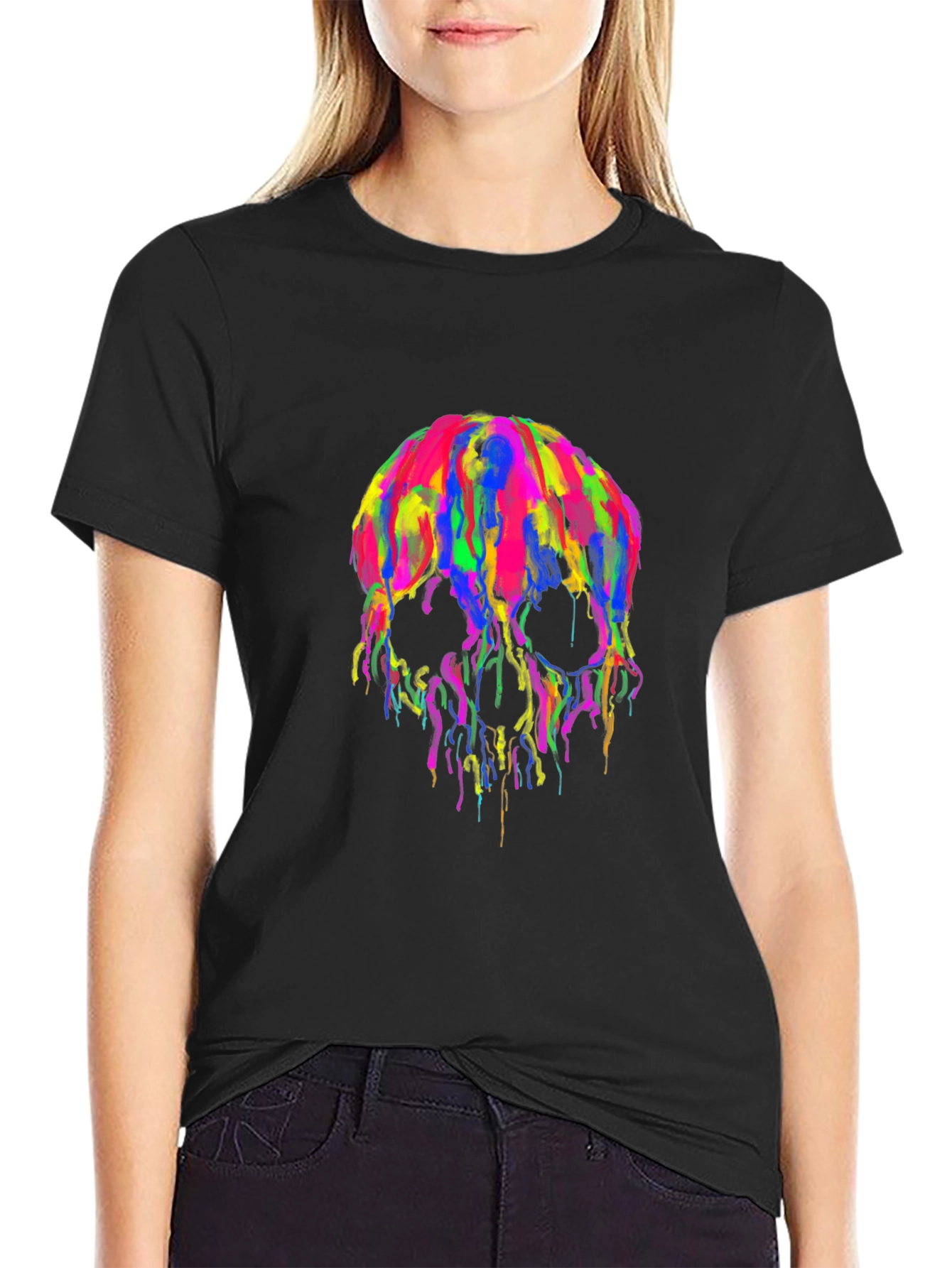 Colorful Dripping Skull Graphic Tee - Black