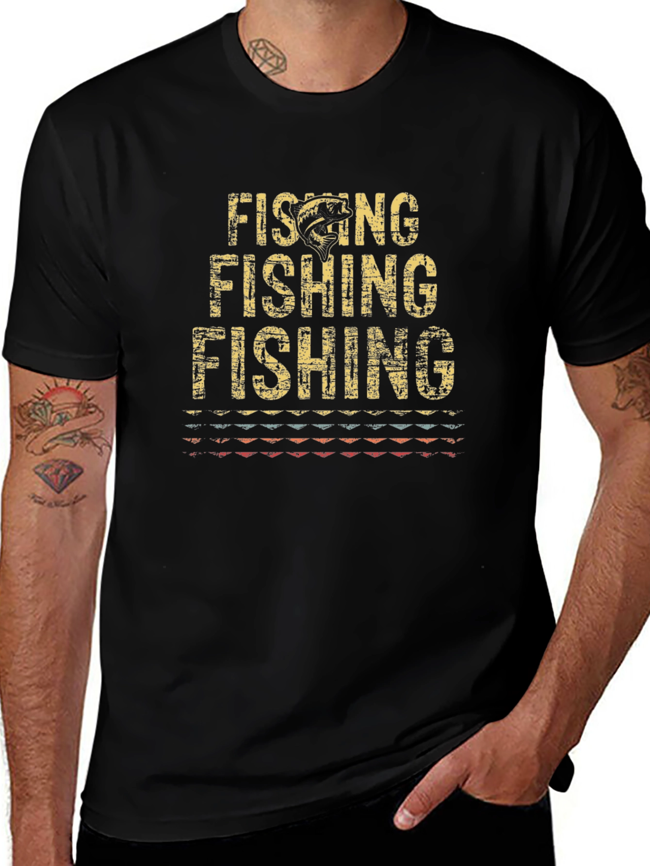 Vintage Fishing Graphic Tee - Black Cotton T-Shirt