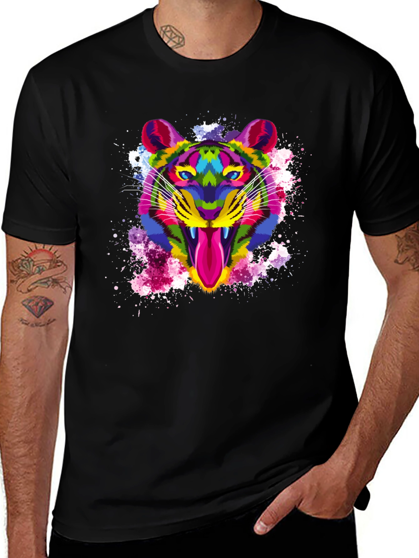 Colorful Tiger Graphic Print Mens Black T-Shirt