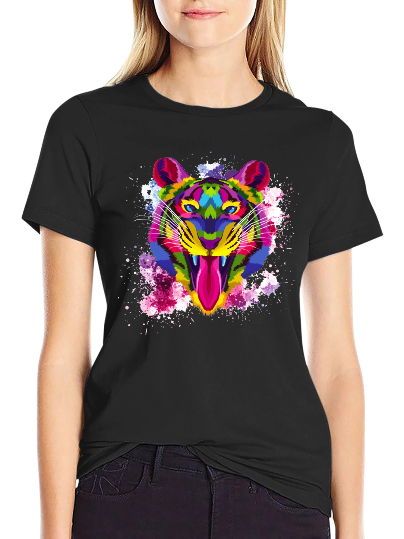 Colorful Tiger Graphic Print Mens Black T-Shirt