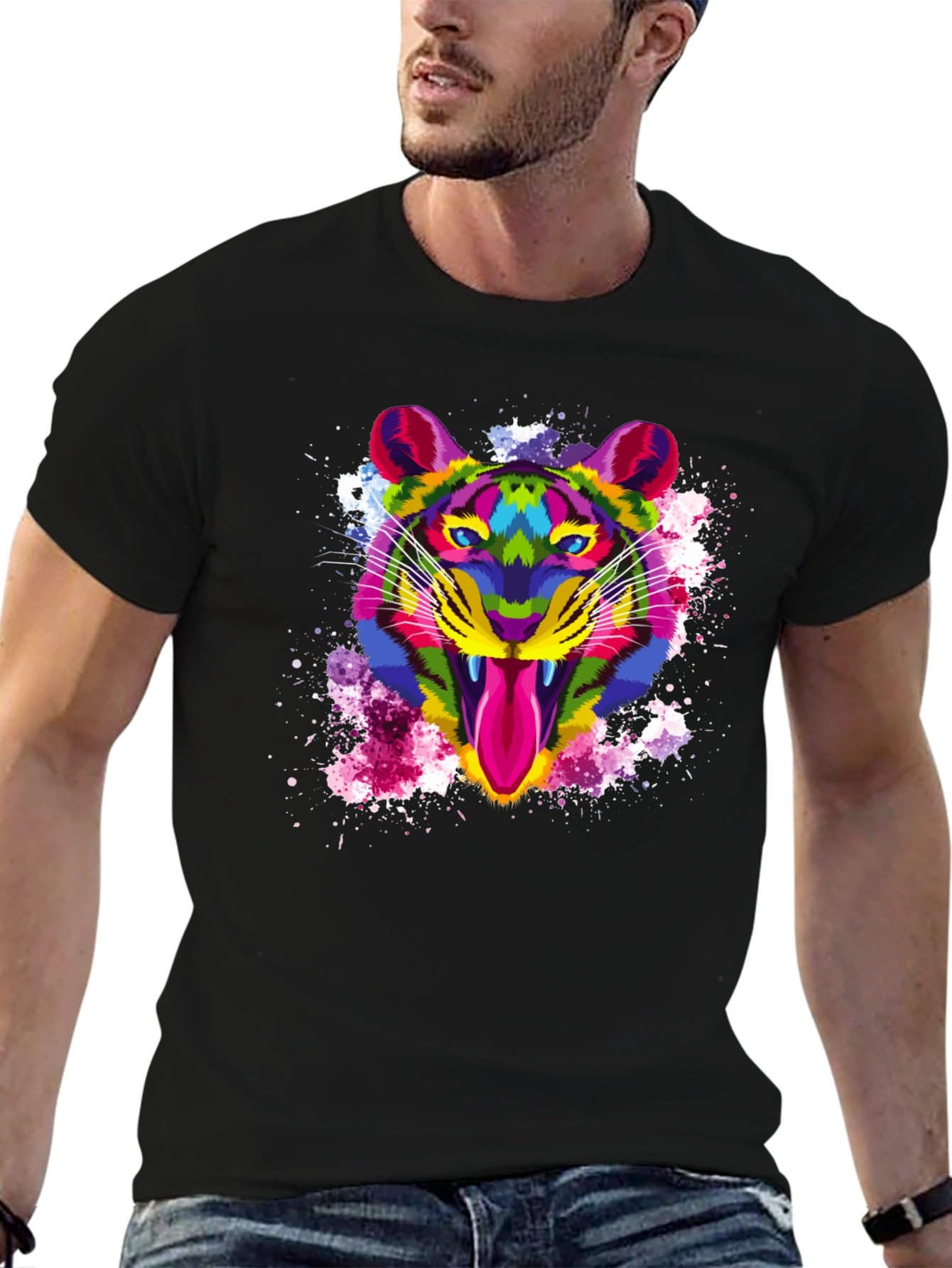 Colorful Tiger Graphic Print Mens Black T-Shirt