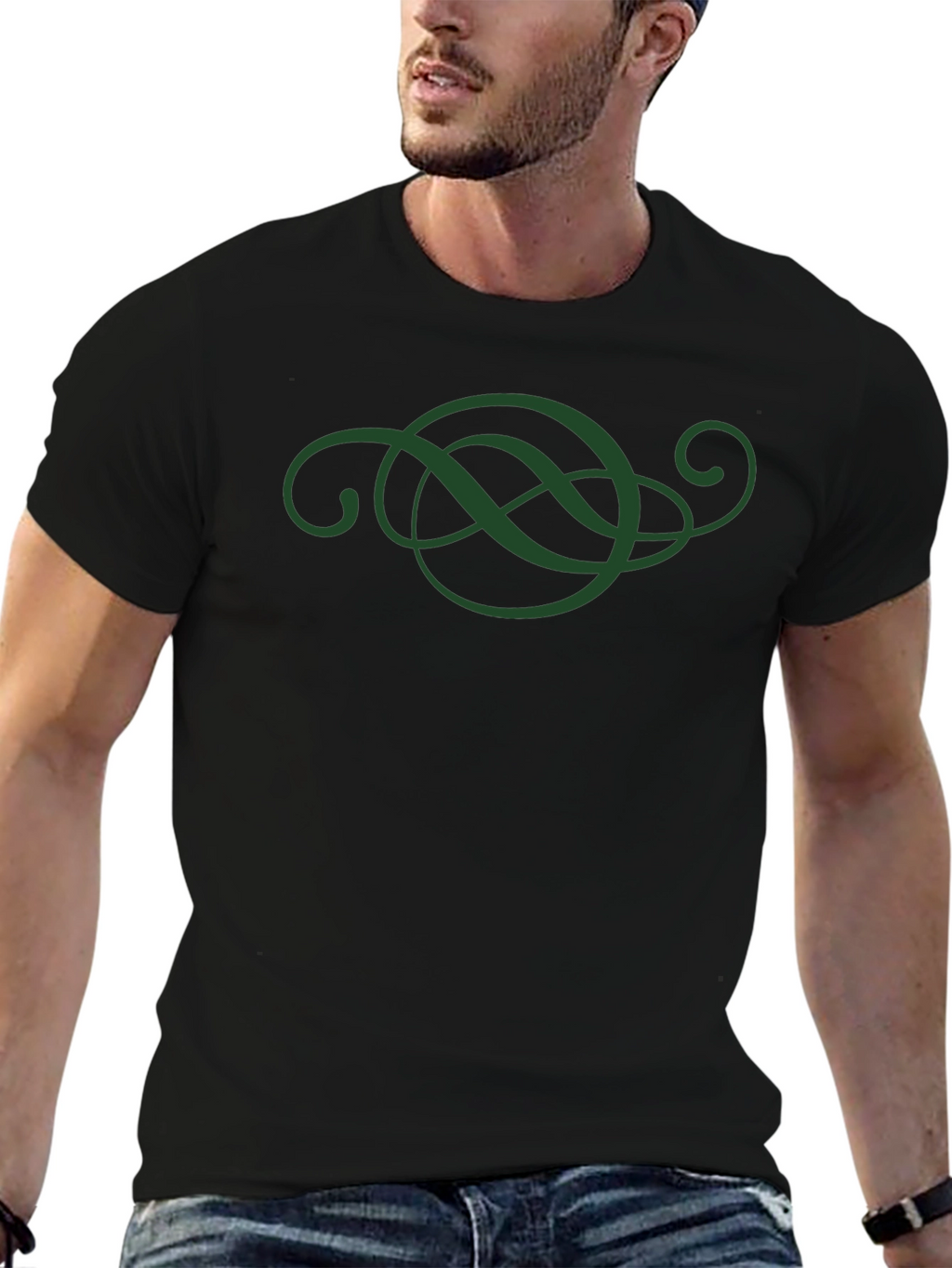 Elegant Green Swirl Design Black T-Shirt