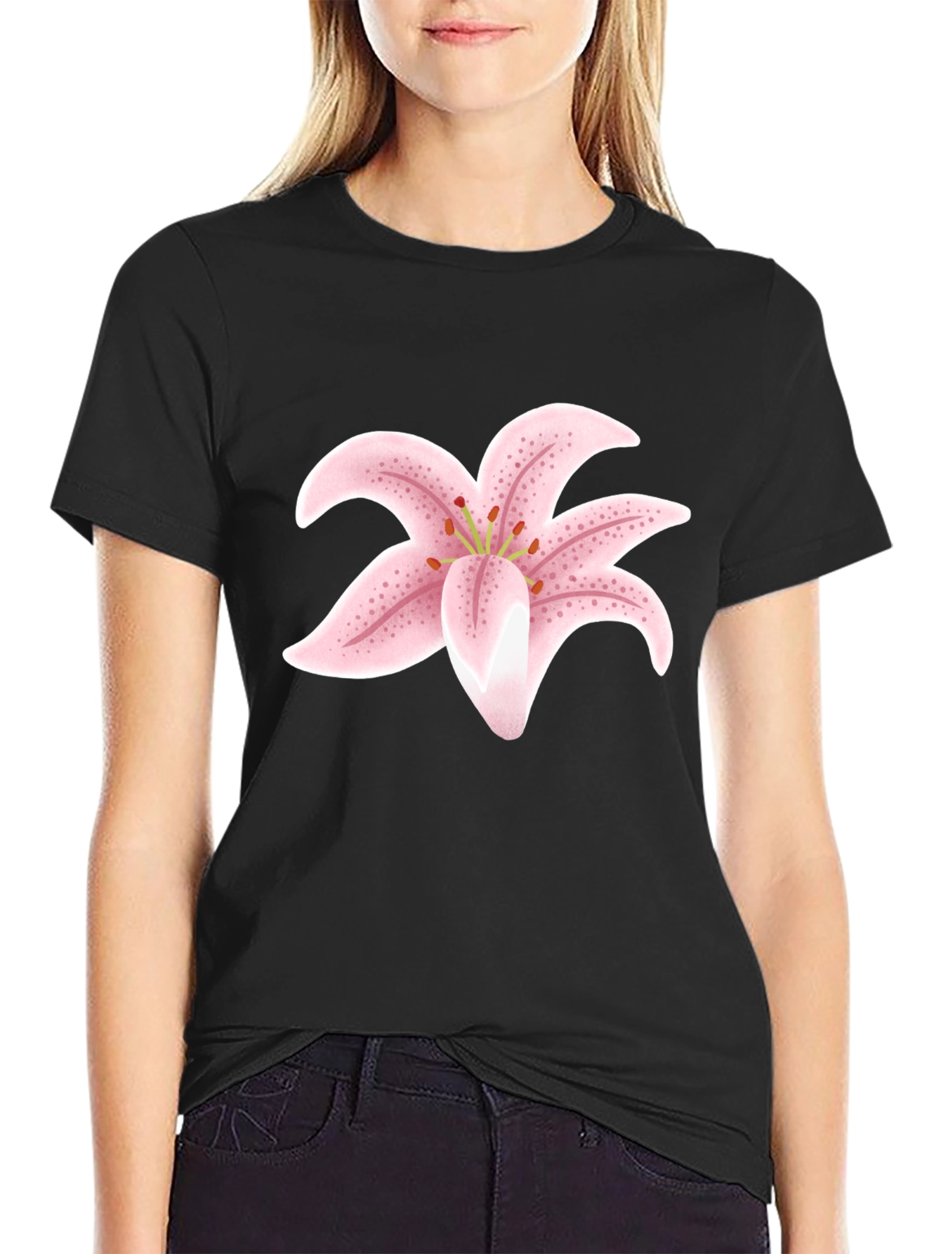 Black T-Shirt with Pink Lily Flower Design