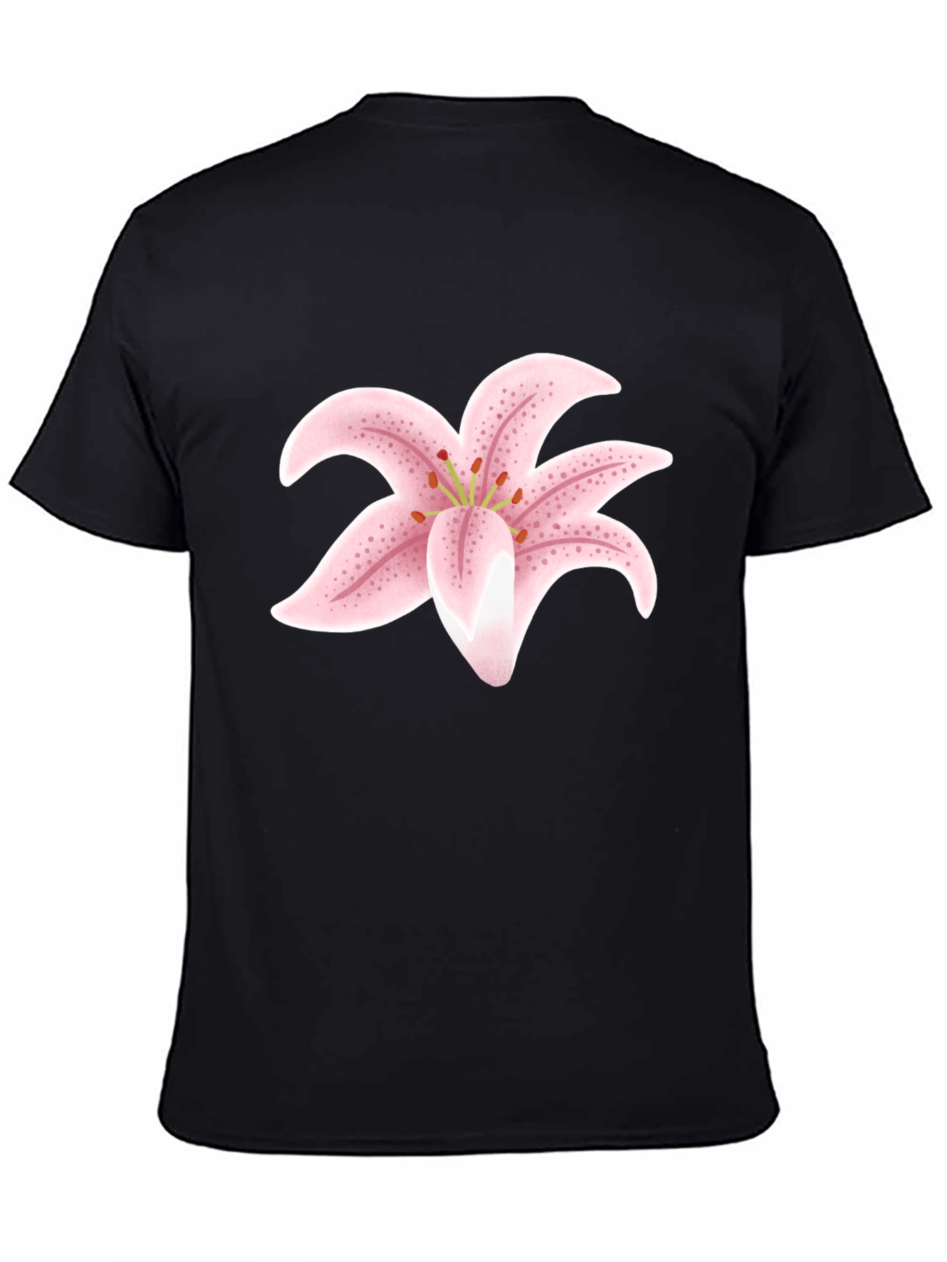 Black T-Shirt with Pink Lily Flower Design