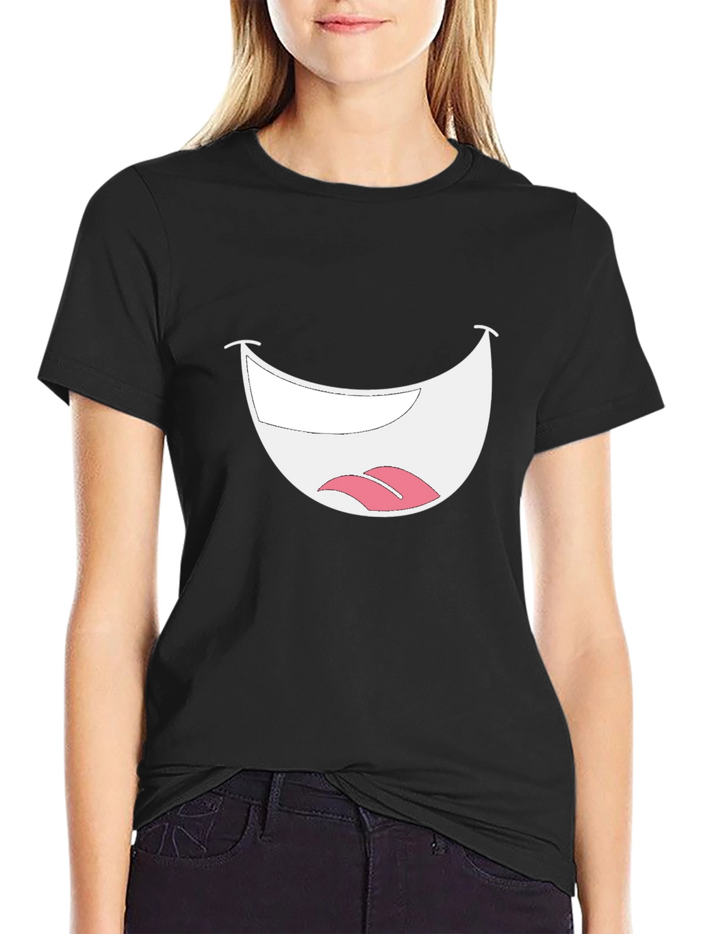 Smiley Mouth Graphic Tee - Black Cotton T-Shirt