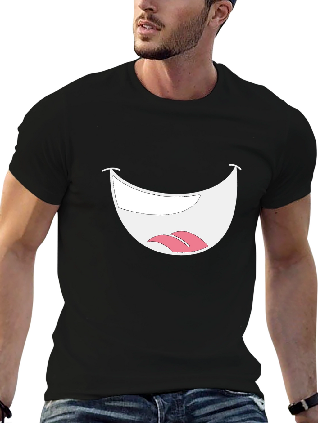 Smiley Mouth Graphic Tee - Black Cotton T-Shirt