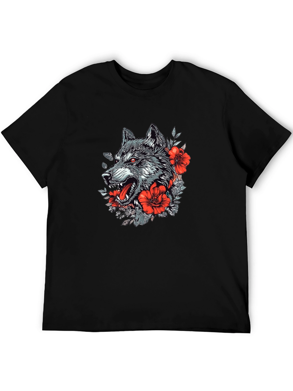 Wolf & Floral Graphic Print Black T-Shirt