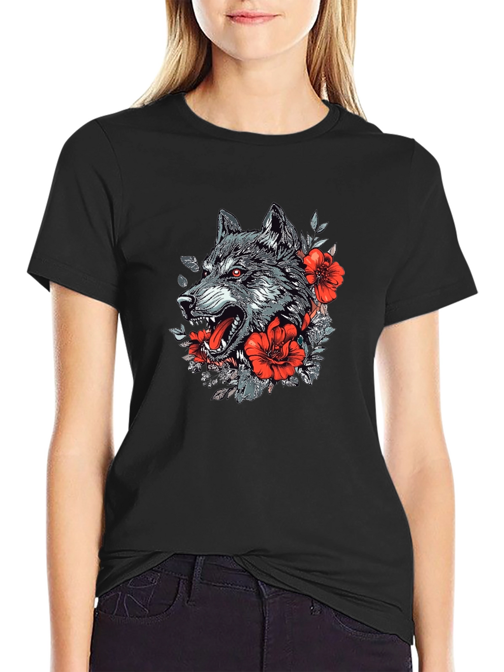 Wolf & Floral Graphic Print Black T-Shirt