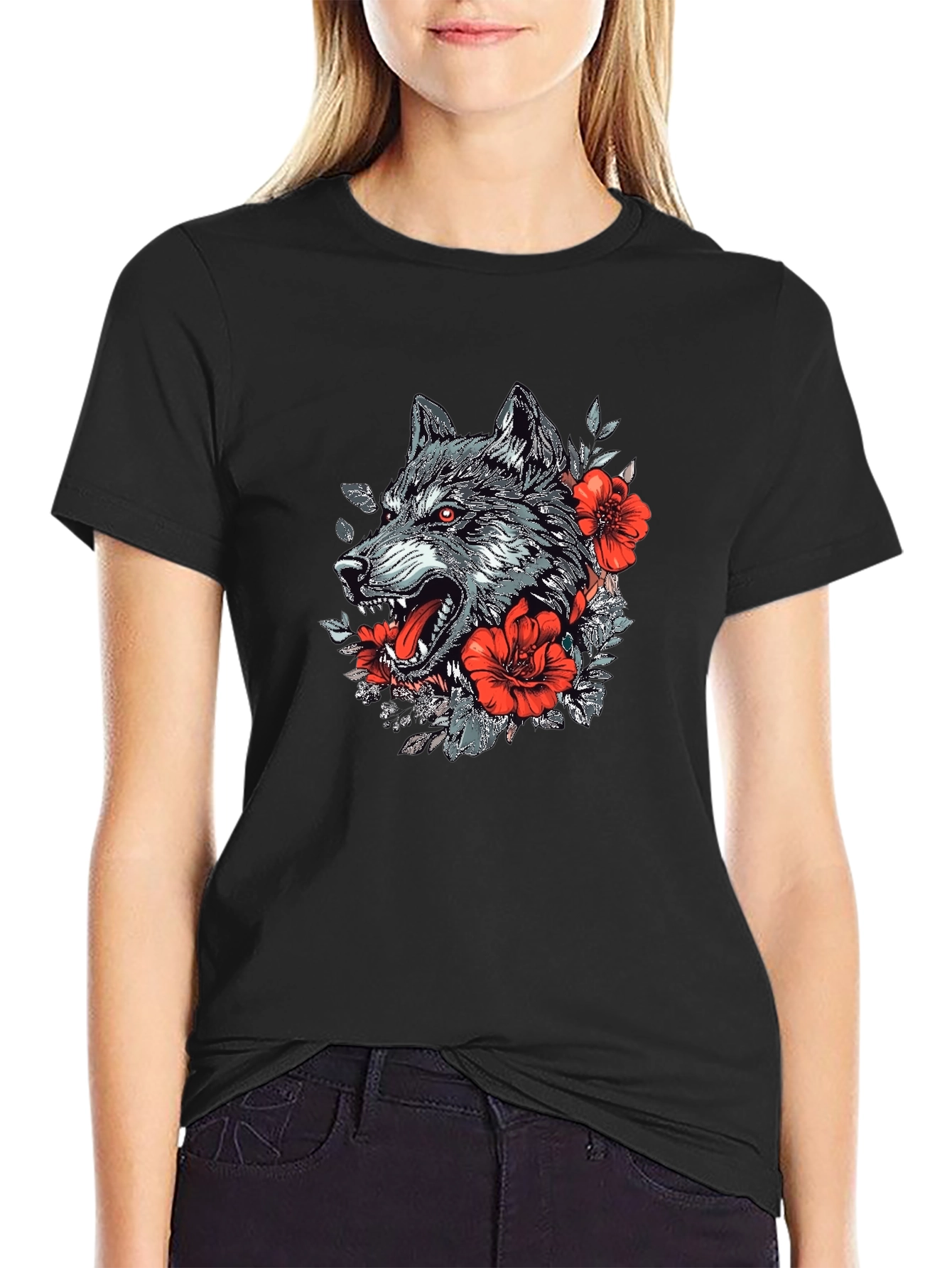 Wolf & Floral Graphic Print Black T-Shirt