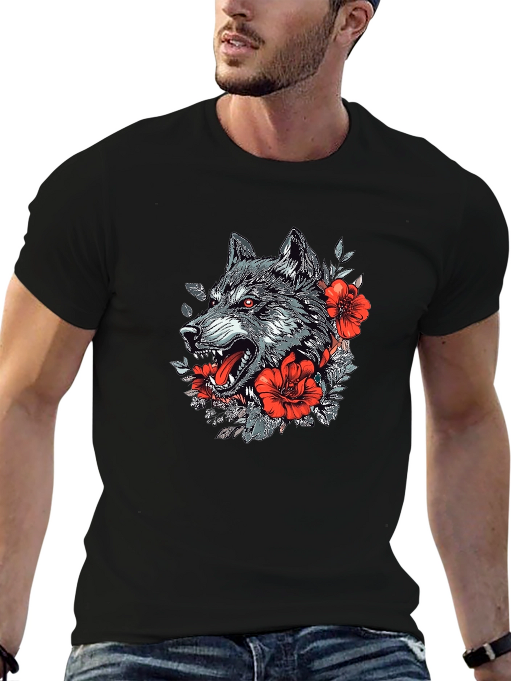 Wolf & Floral Graphic Print Black T-Shirt