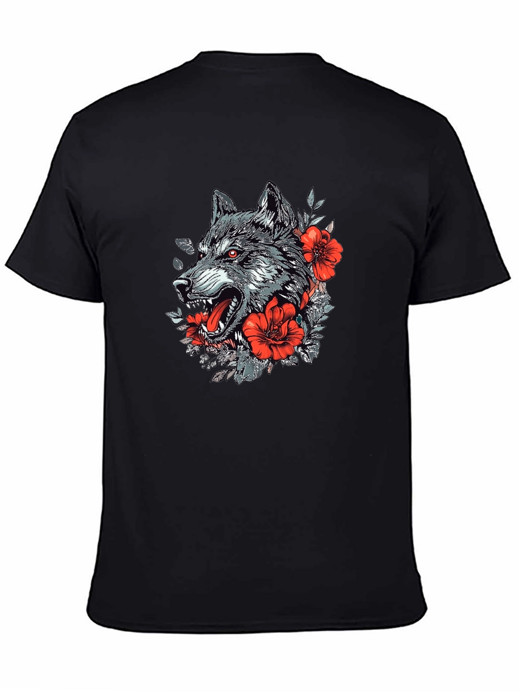 Wolf & Floral Graphic Print Black T-Shirt