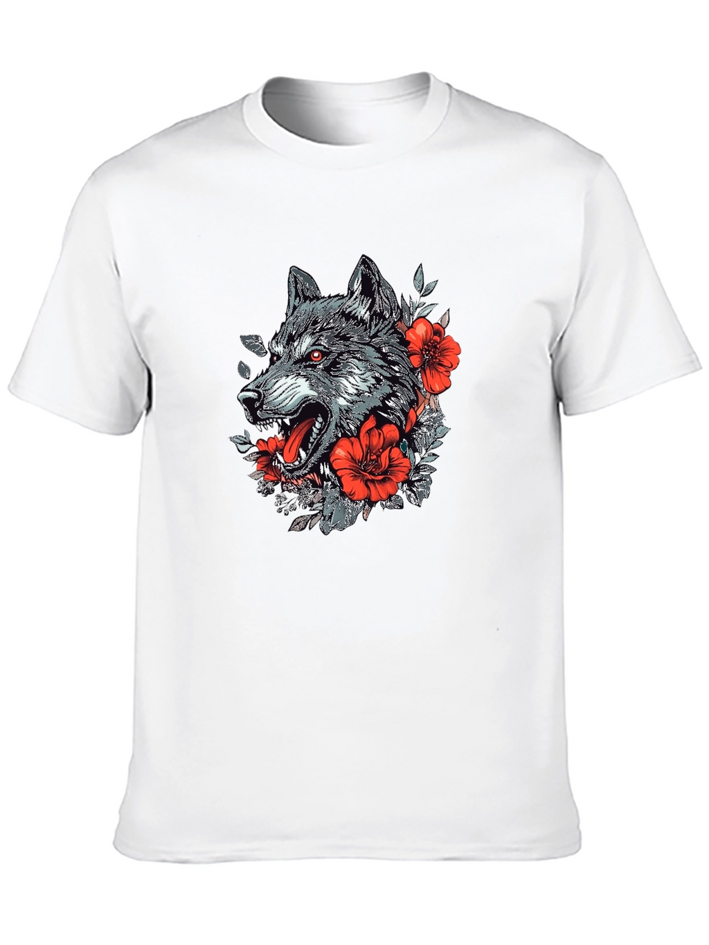 Wolf & Floral Graphic Print Black T-Shirt