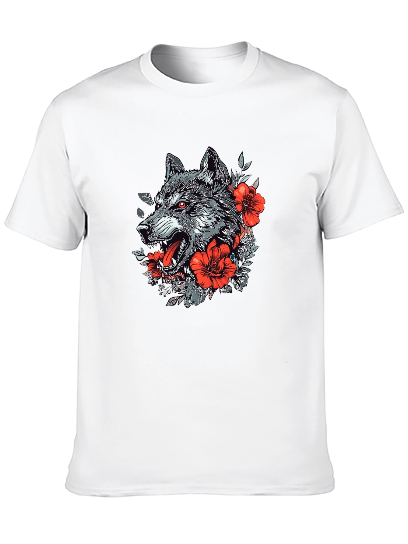 Wolf & Floral Graphic Print Black T-Shirt