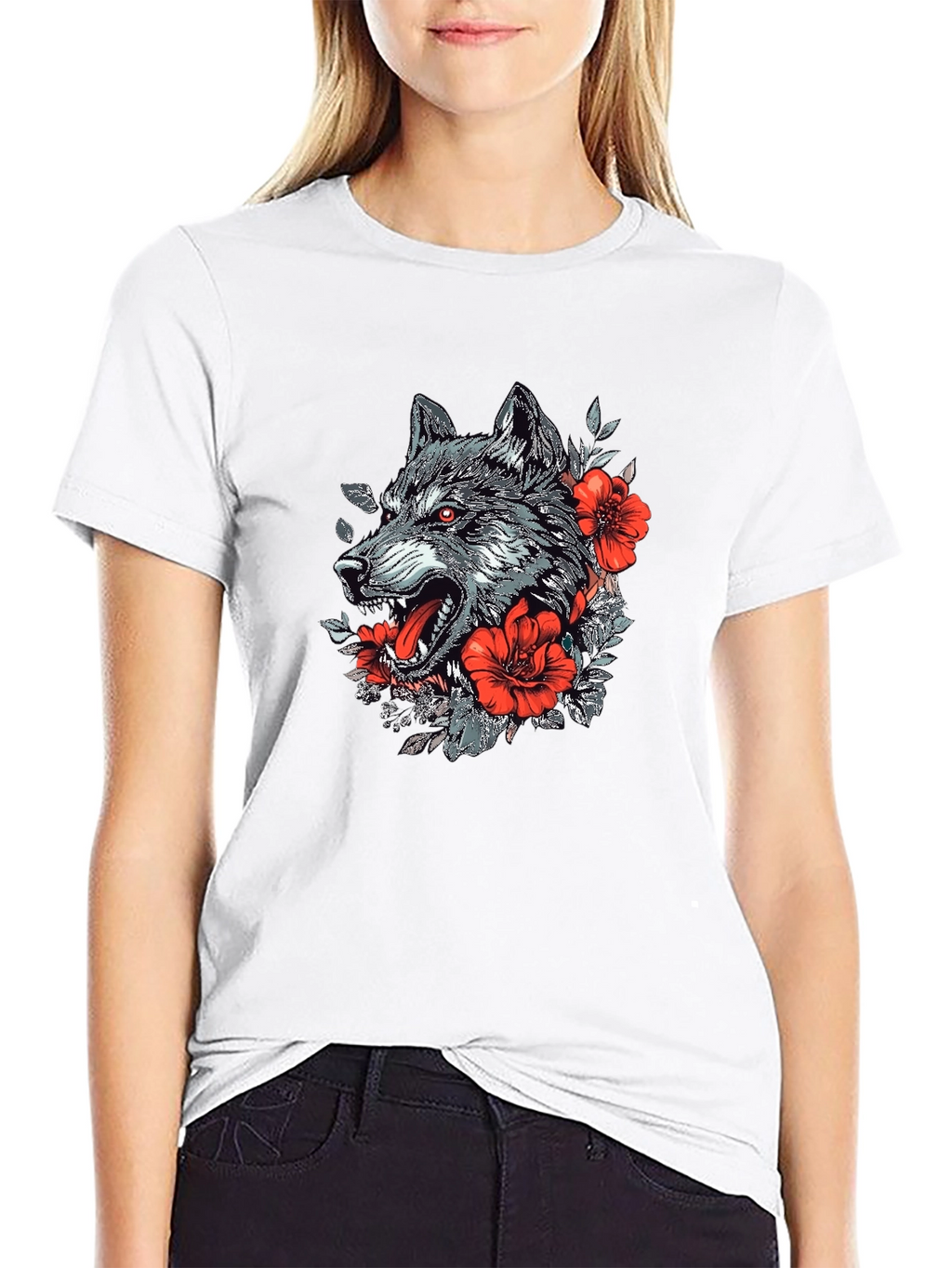 Wolf & Floral Graphic Print Black T-Shirt