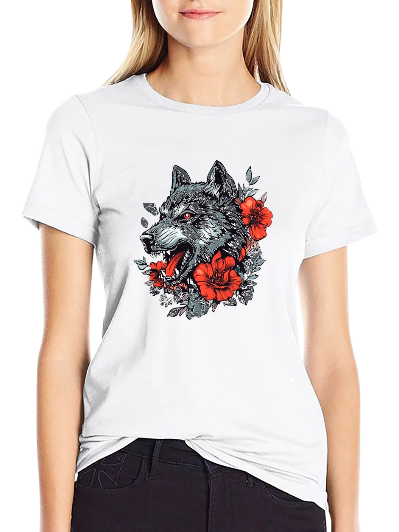 Wolf & Floral Graphic Print Black T-Shirt