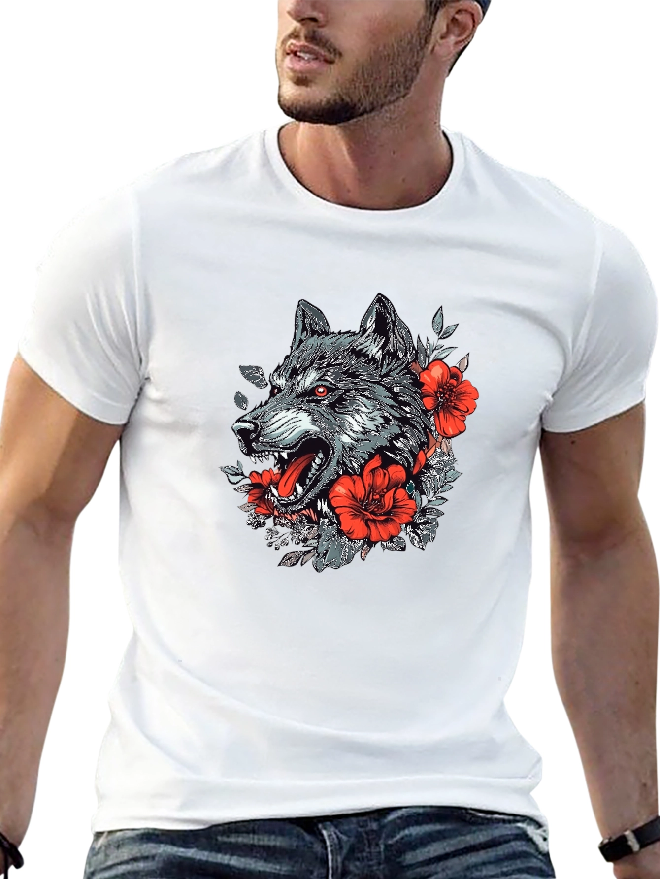 Wolf & Floral Graphic Print Black T-Shirt