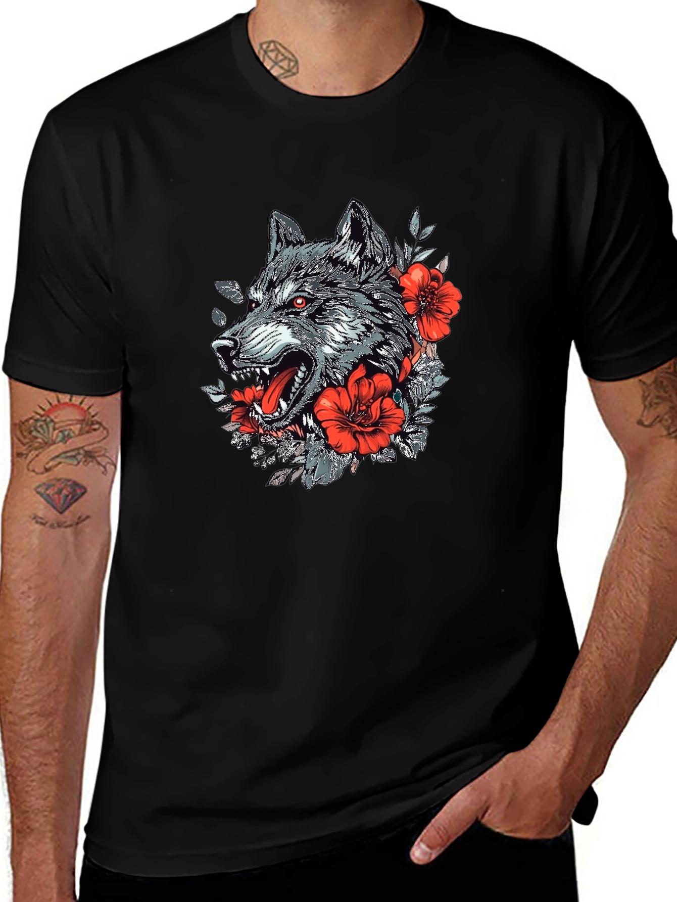 Wolf & Floral Graphic Print Black T-Shirt