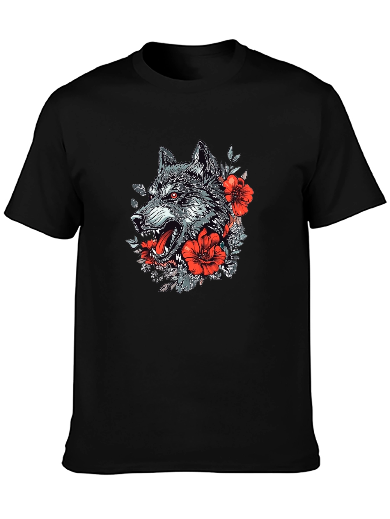 Wolf & Floral Graphic Print Black T-Shirt