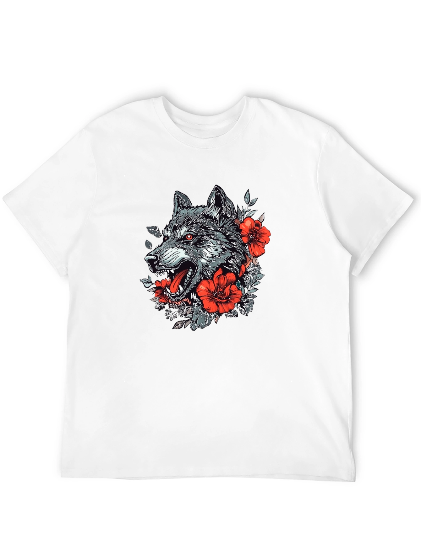 Wolf & Floral Graphic Print Black T-Shirt