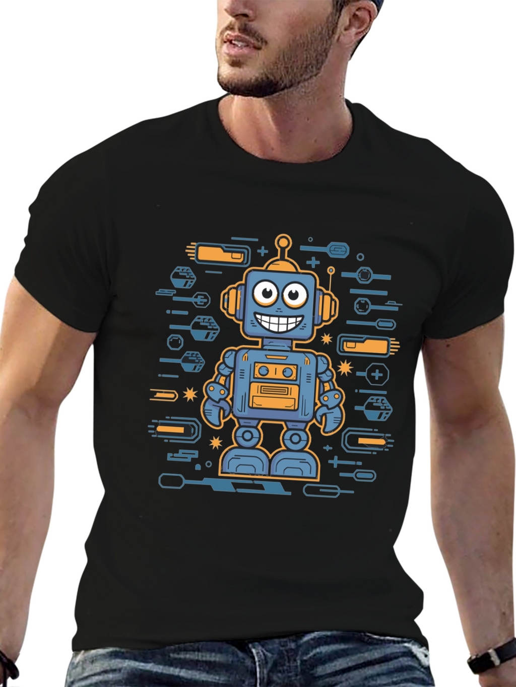 Robot Graphic Print Black T-Shirt