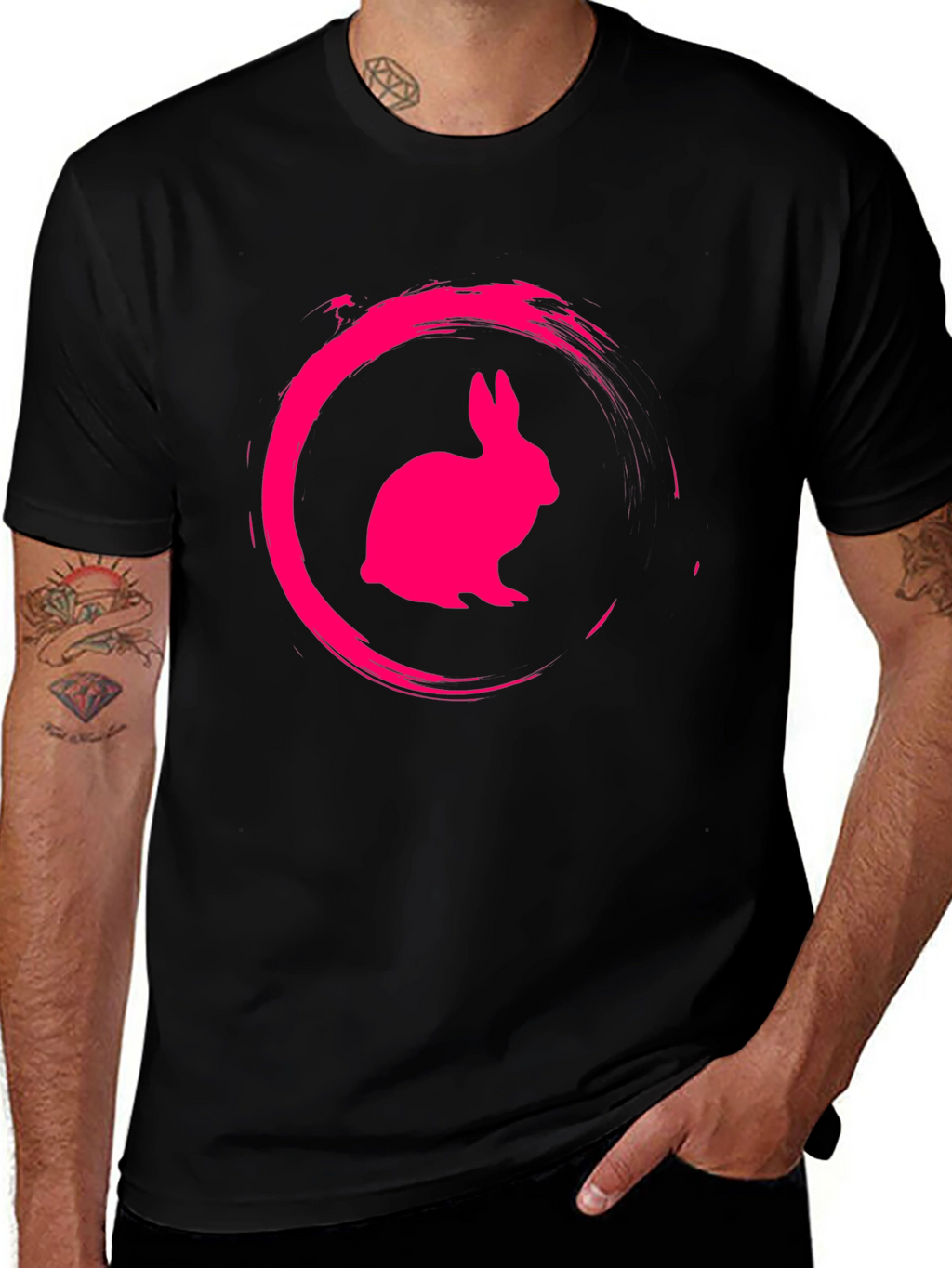 Black Tee with Pink Rabbit Circle Graphic