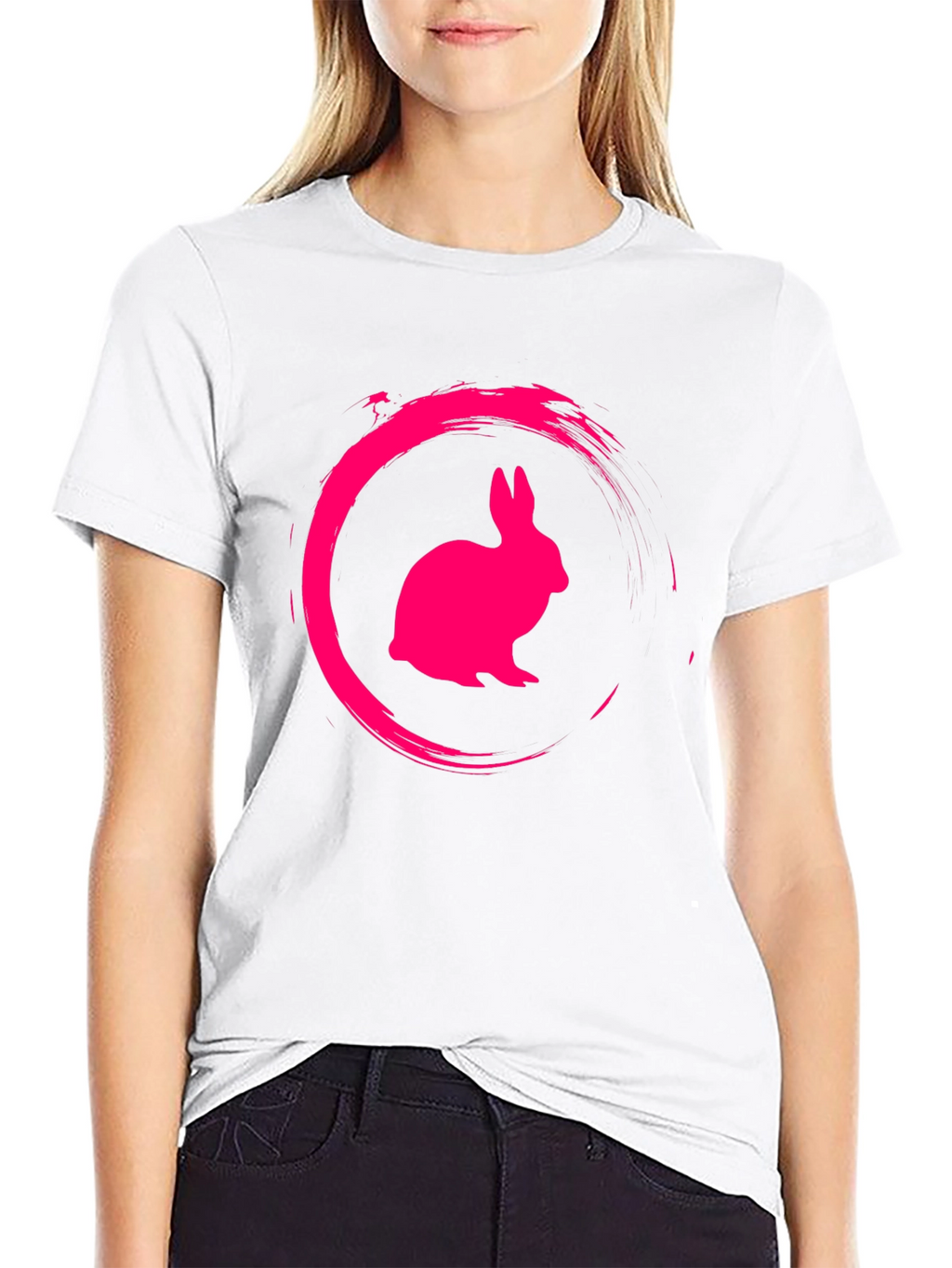 Black Tee with Pink Rabbit Circle Graphic