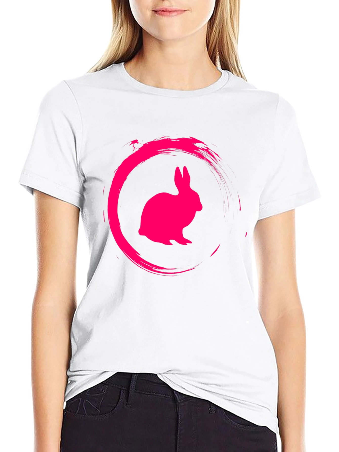 Black Tee with Pink Rabbit Circle Graphic
