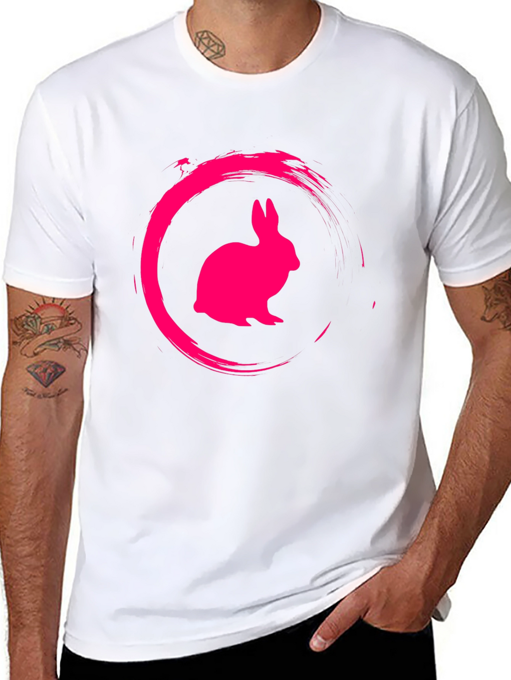 Black Tee with Pink Rabbit Circle Graphic