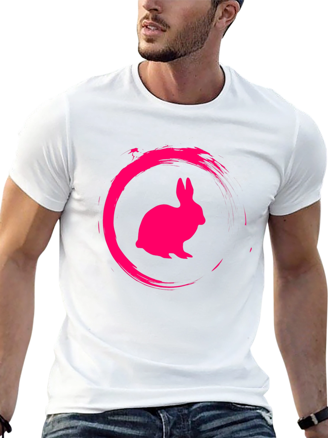 Black Tee with Pink Rabbit Circle Graphic