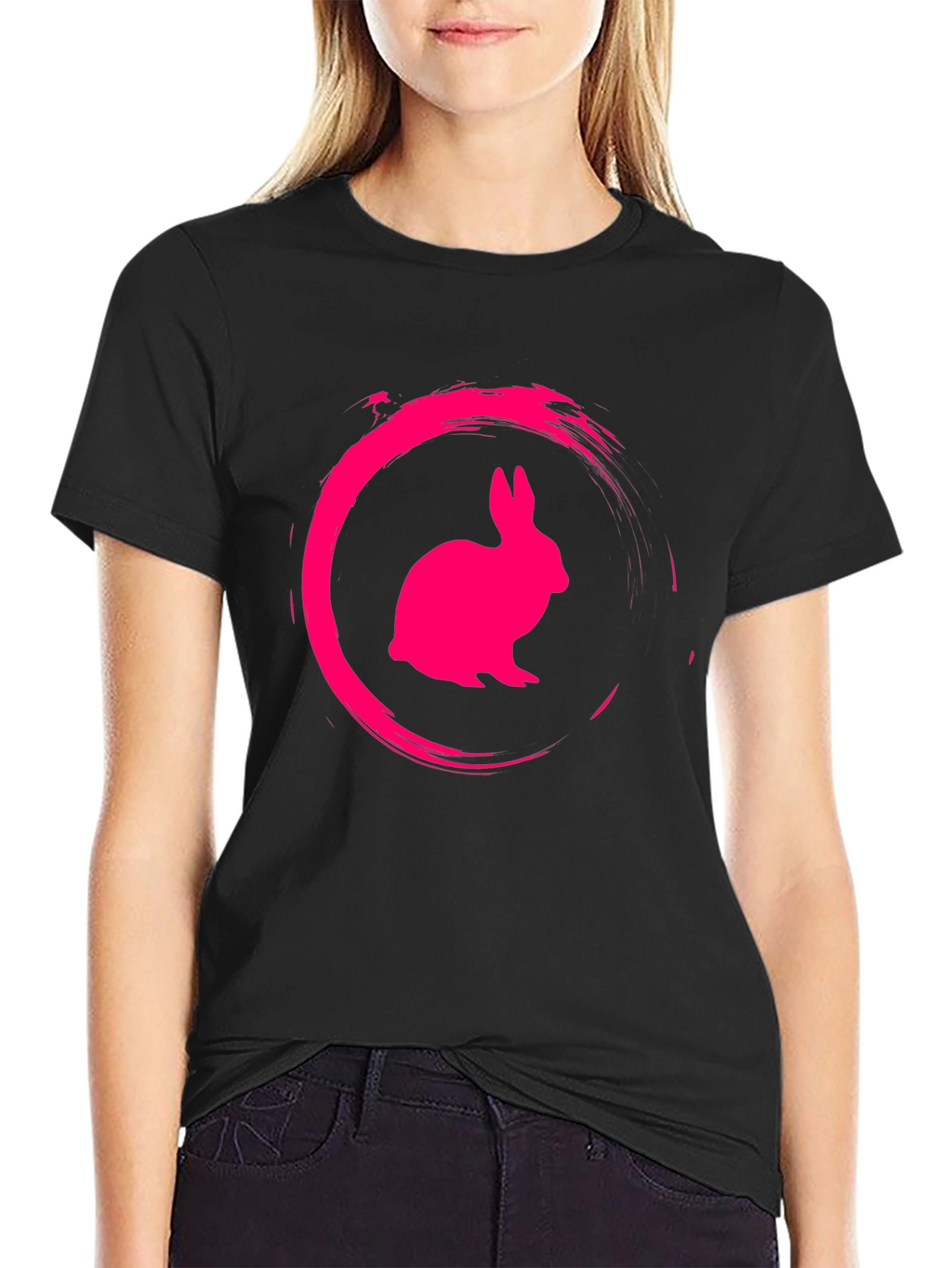 Black Tee with Pink Rabbit Circle Graphic