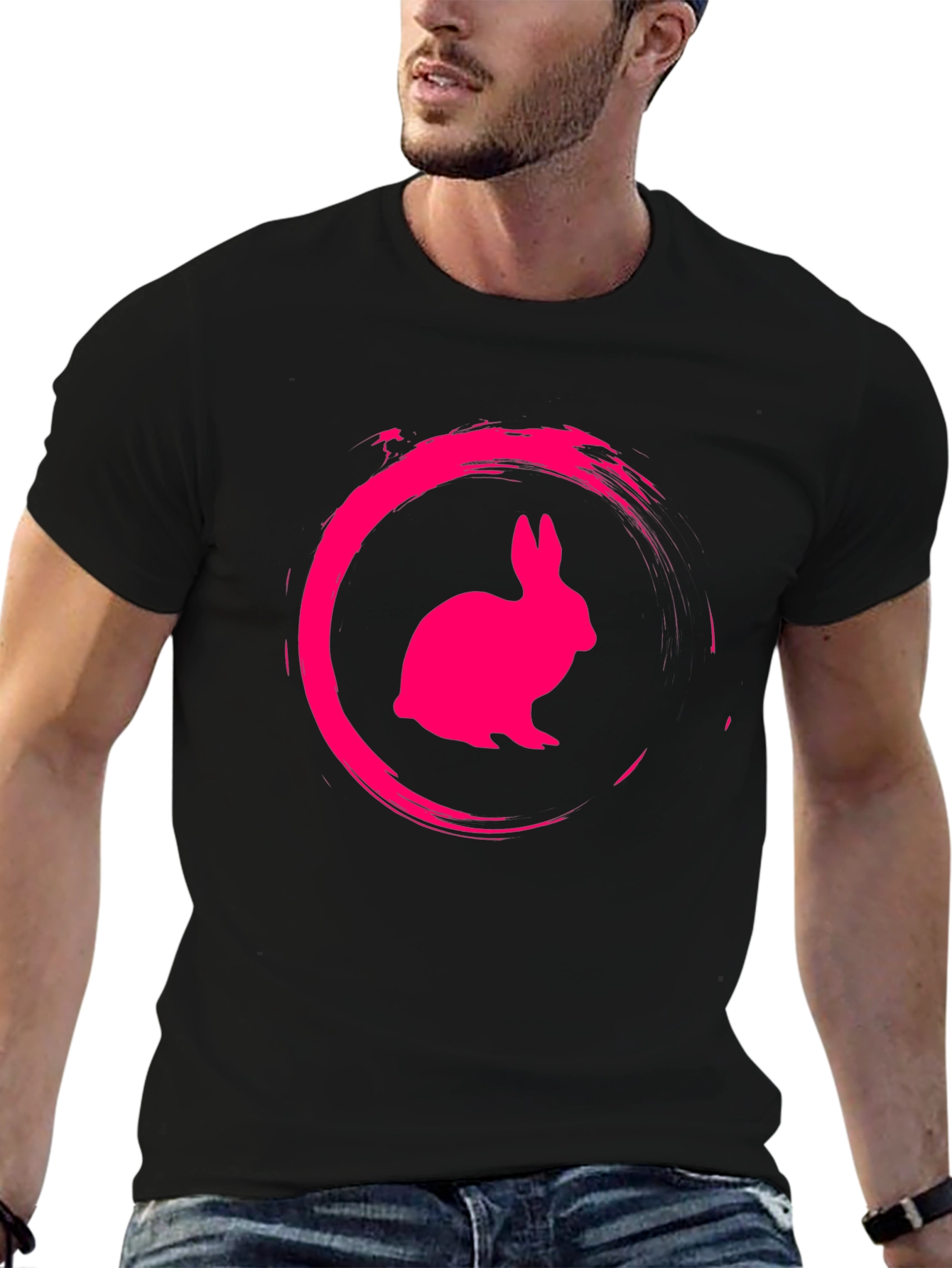 Black Tee with Pink Rabbit Circle Graphic