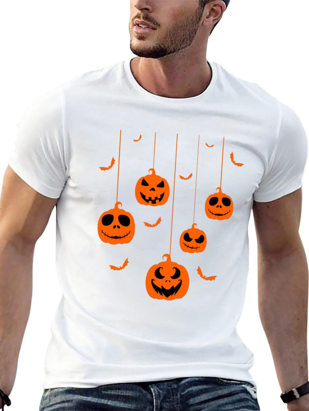 Halloween Pumpkin Bats Graphic Tee - Mens Black T-Shirt