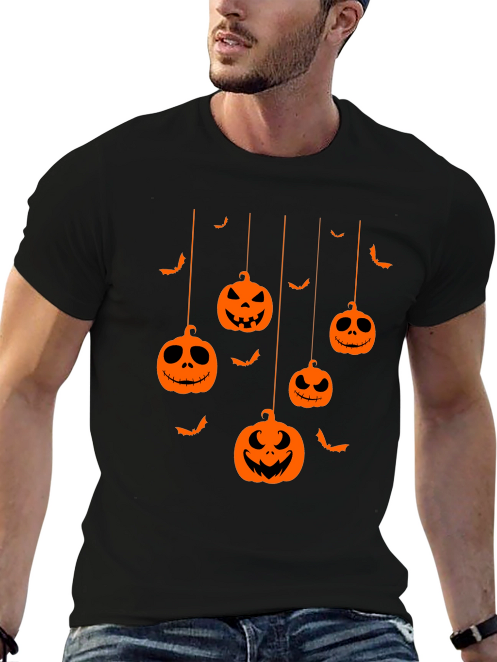 Halloween Pumpkin Bats Graphic Tee - Mens Black T-Shirt