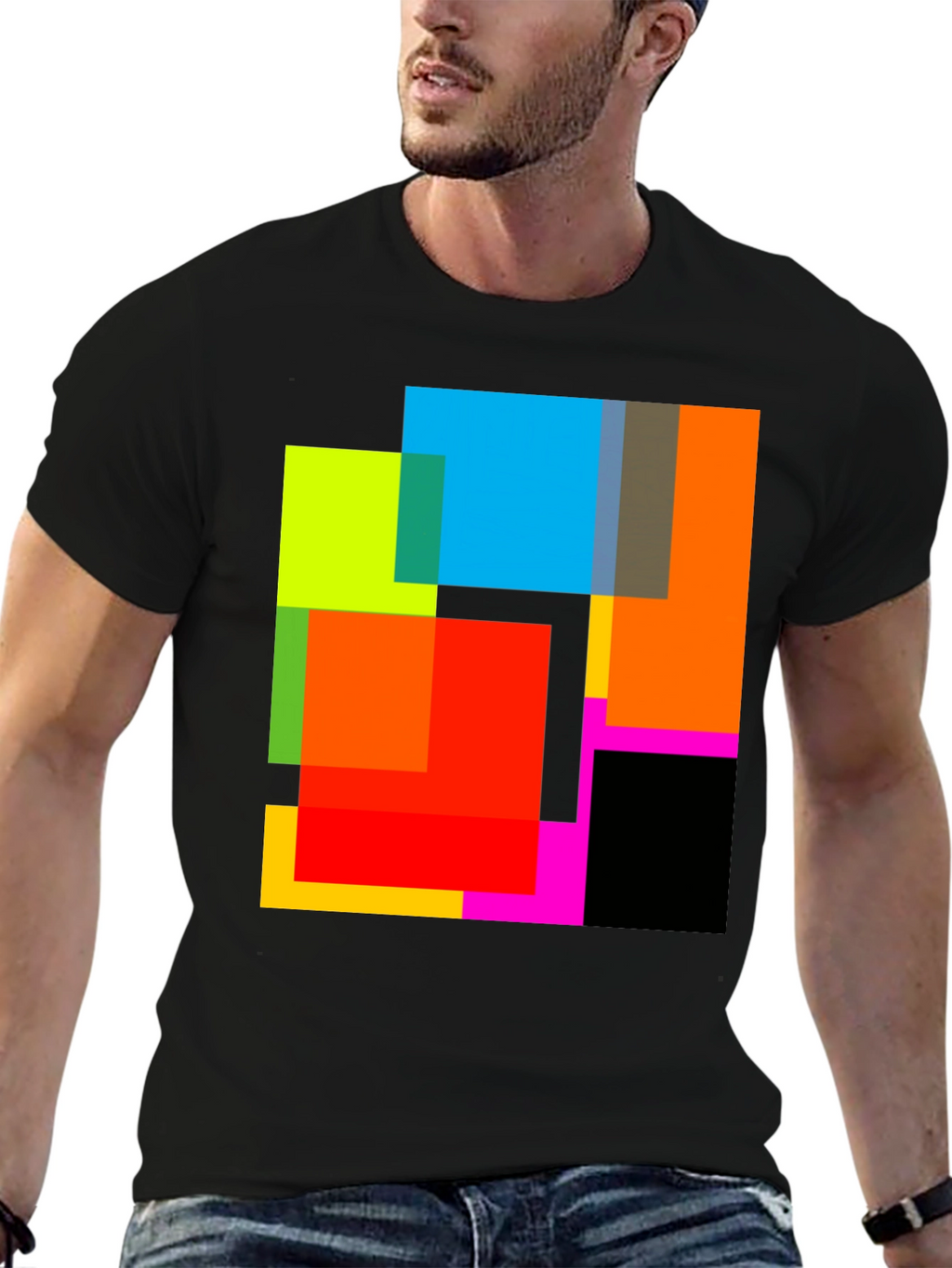 Abstract Geometric Square Pattern Black T-Shirt