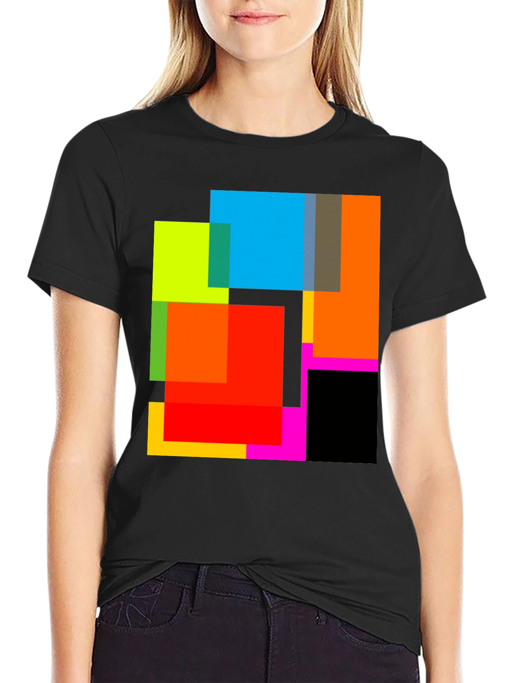 Abstract Geometric Square Pattern Black T-Shirt