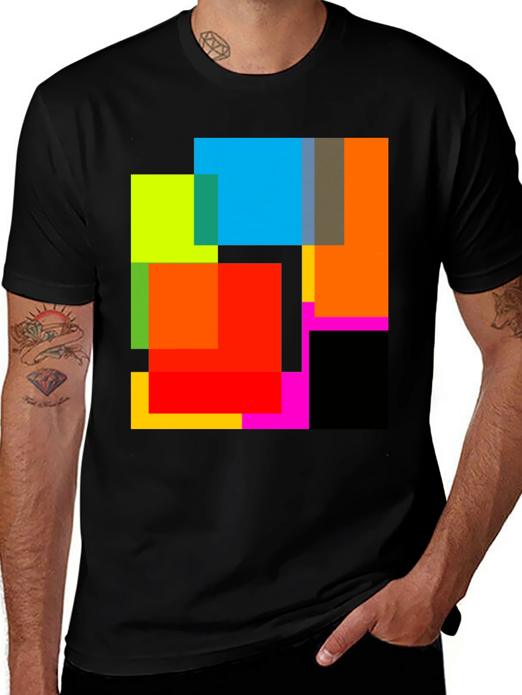Abstract Geometric Square Pattern Black T-Shirt