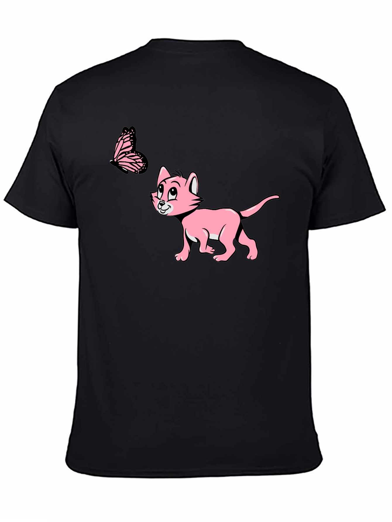Cute Cat & Butterfly Black T-Shirt