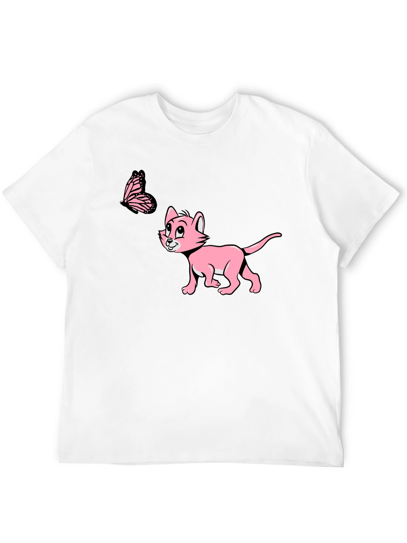 Cute Cat & Butterfly Black T-Shirt