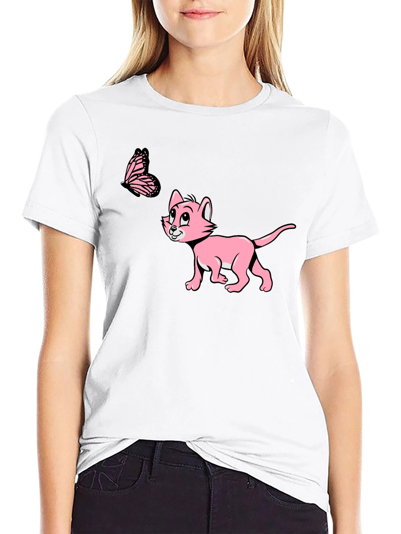 Cute Cat & Butterfly Black T-Shirt