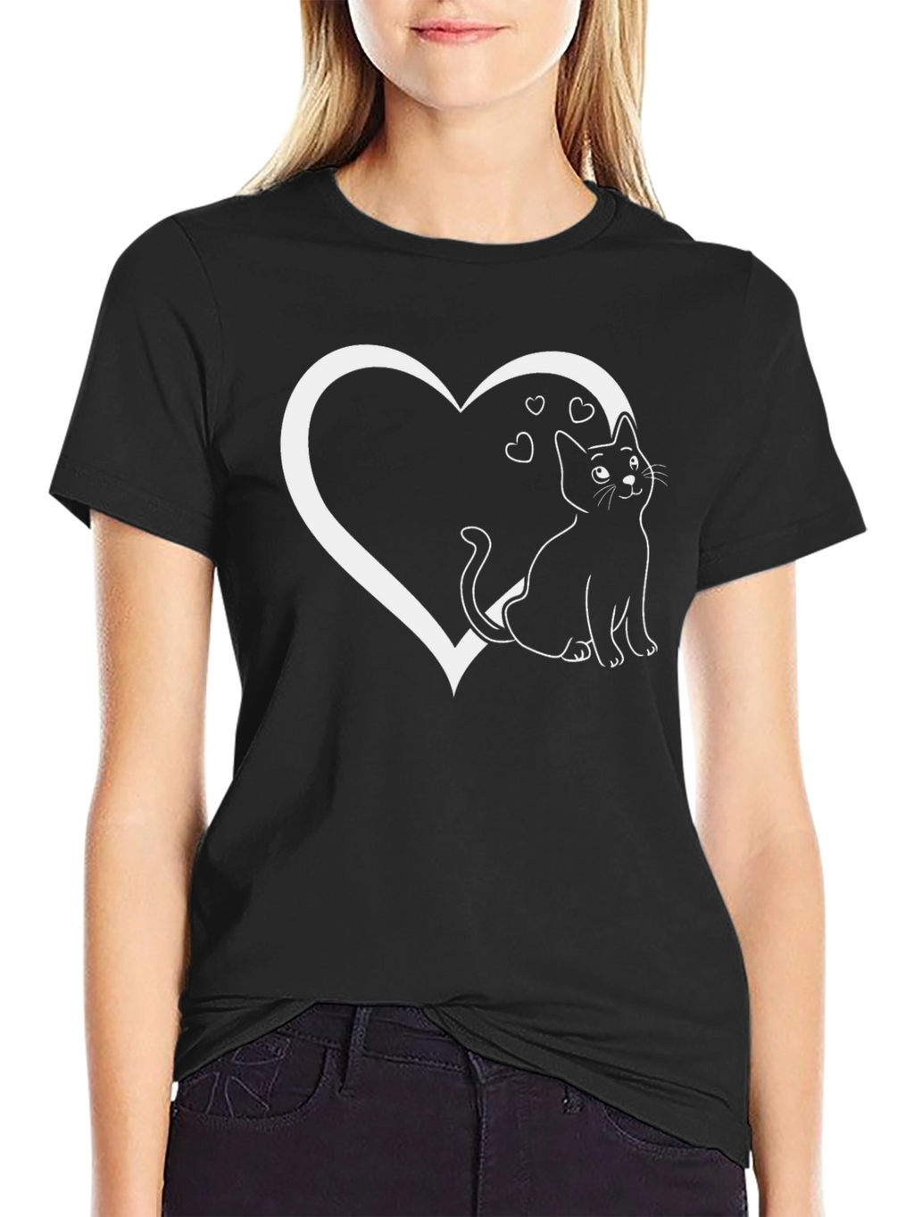 Cat Heart Graphic Tee - Black Cotton Blend T-Shirt