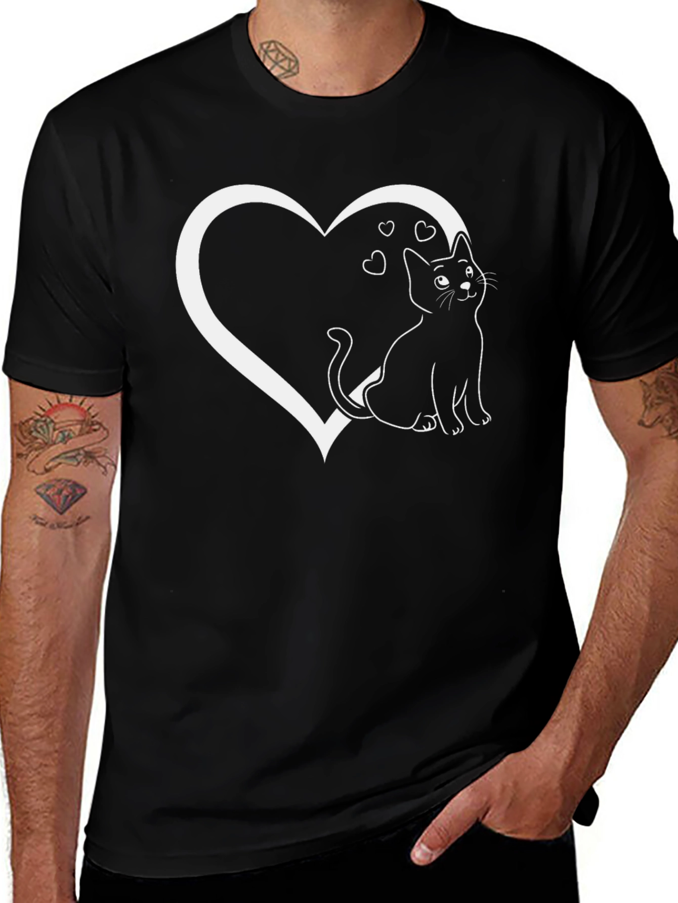 Cat Heart Graphic Tee - Black Cotton Blend T-Shirt