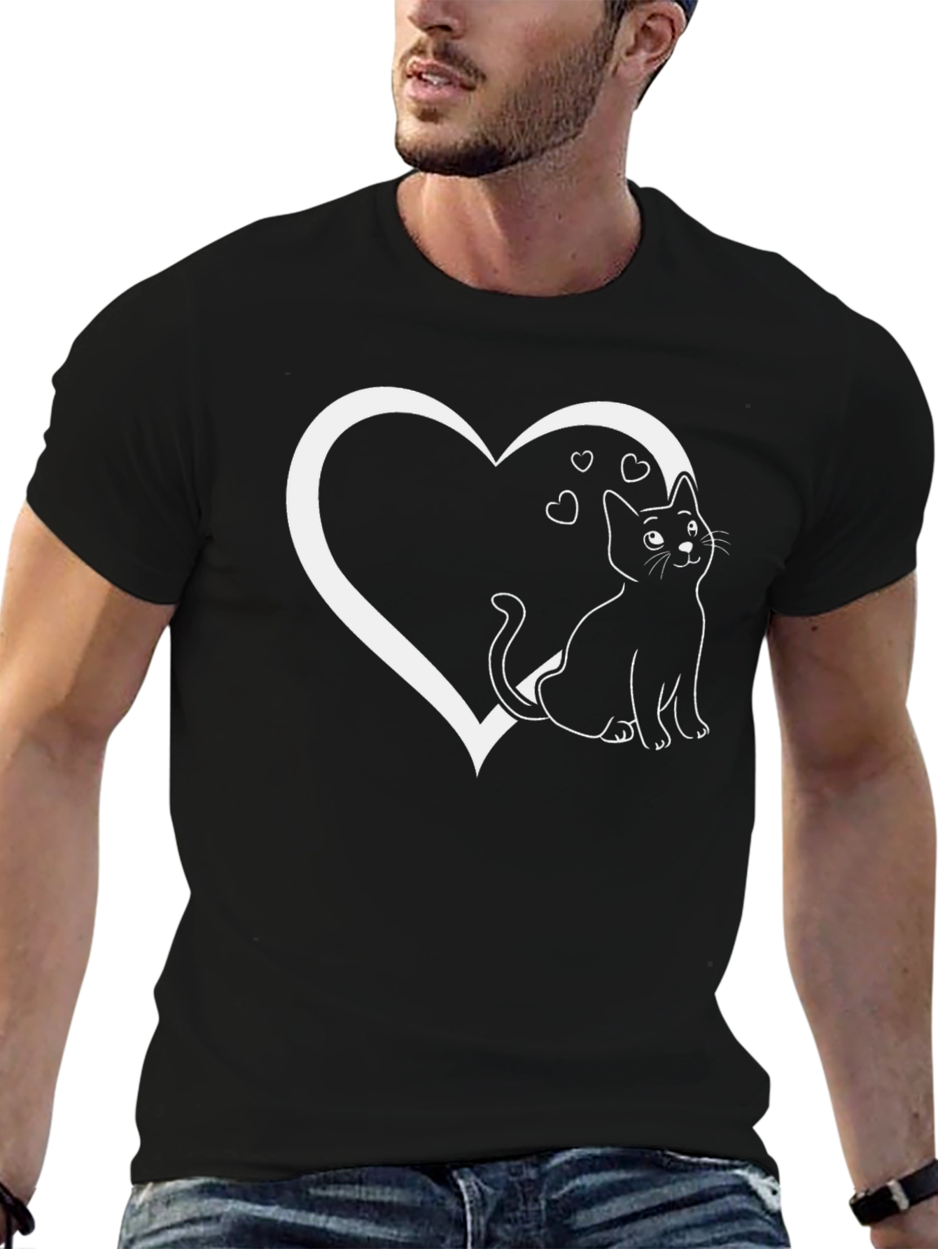 Cat Heart Graphic Tee - Black Cotton Blend T-Shirt