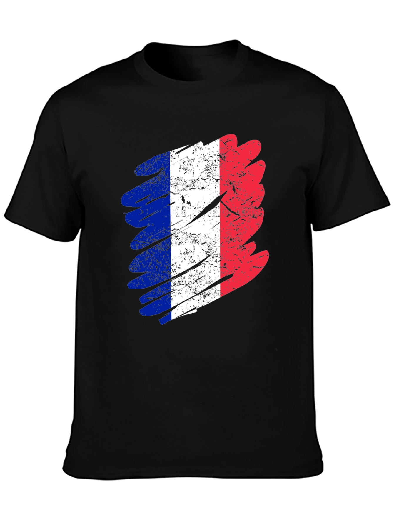 Distressed France Flag Graphic Tee - Black Cotton T-Shirt