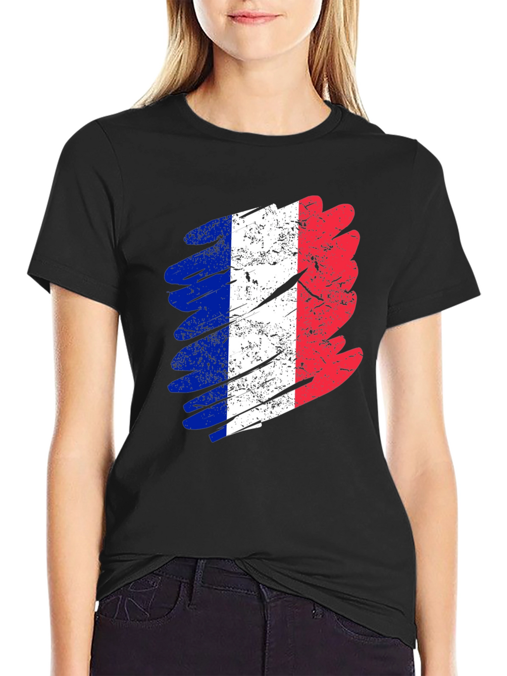 Distressed France Flag Graphic Tee - Black Cotton T-Shirt