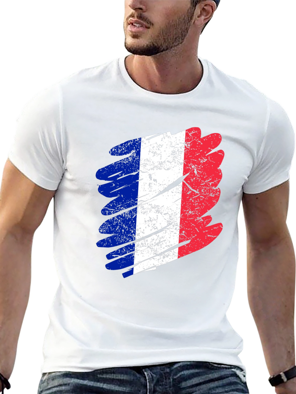 Distressed France Flag Graphic Tee - Black Cotton T-Shirt