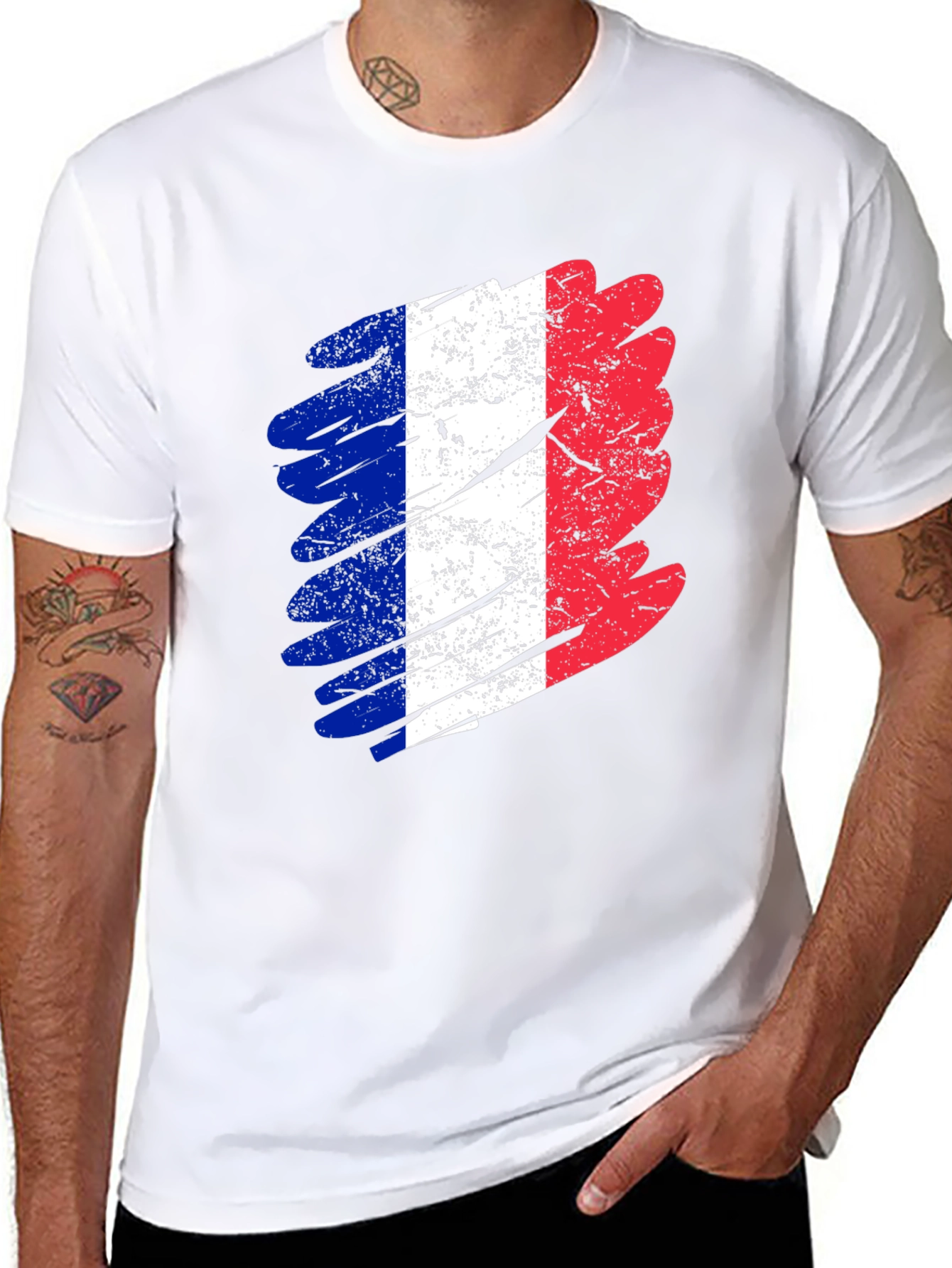 Distressed France Flag Graphic Tee - Black Cotton T-Shirt