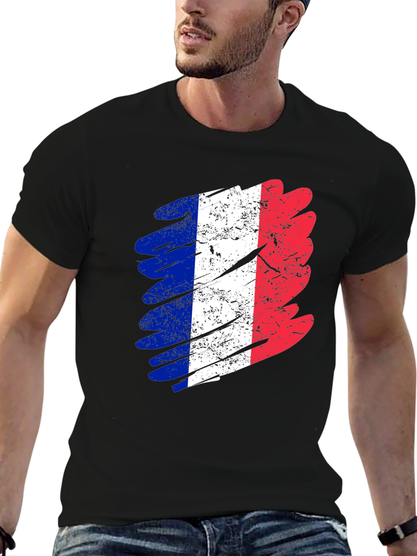 Distressed France Flag Graphic Tee - Black Cotton T-Shirt