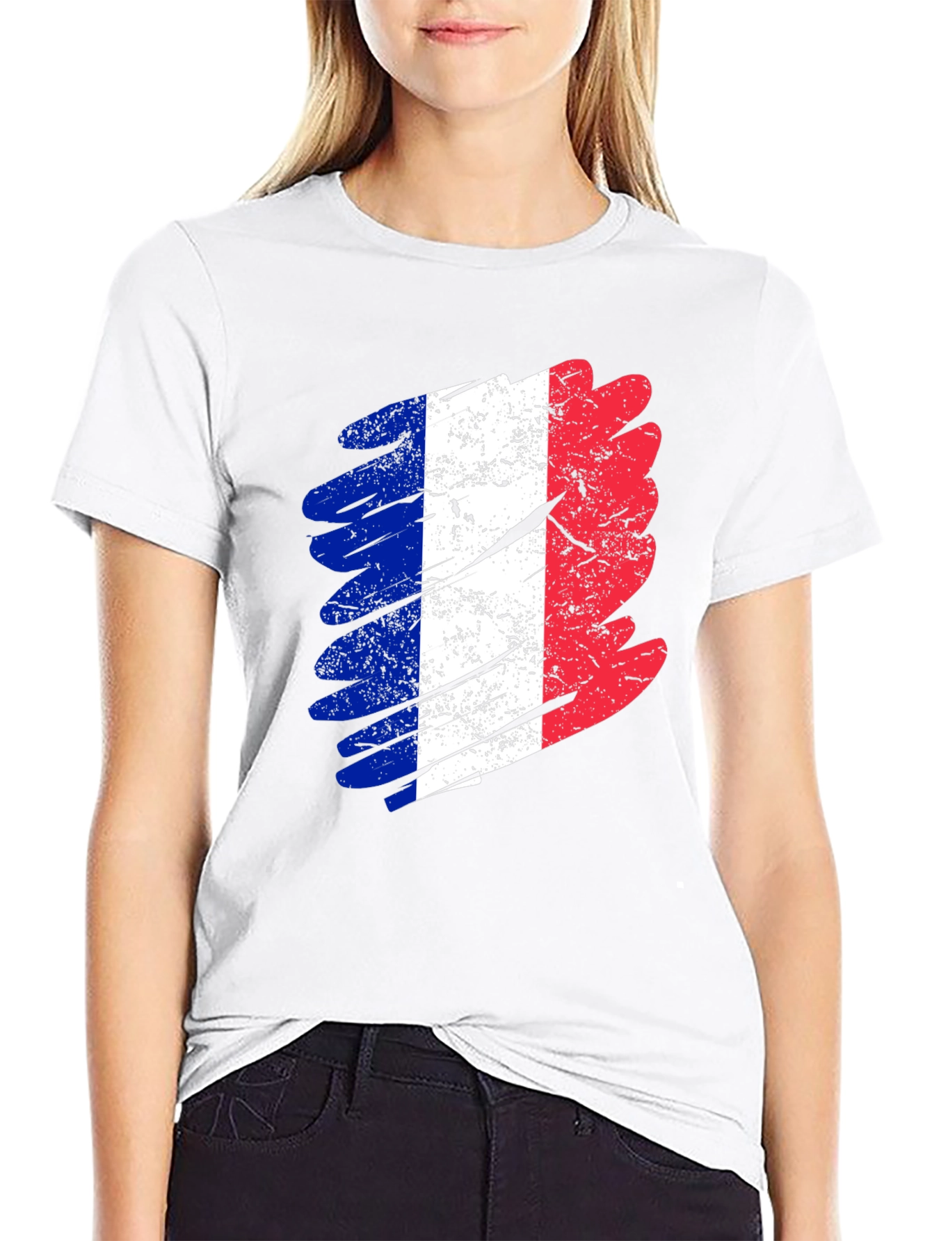Distressed France Flag Graphic Tee - Black Cotton T-Shirt