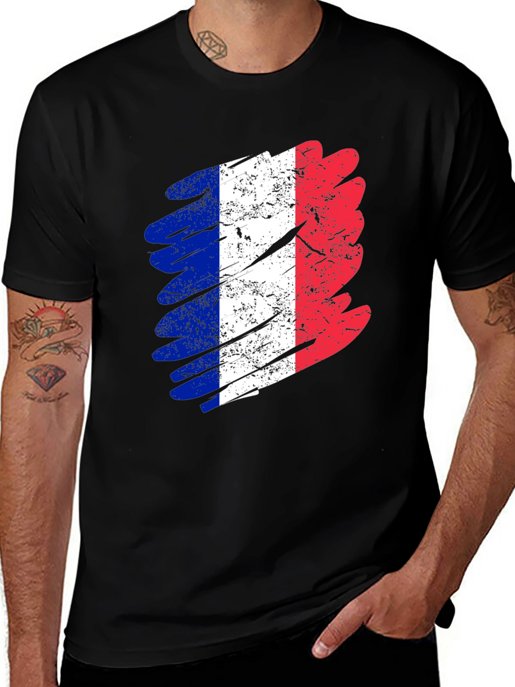 Distressed France Flag Graphic Tee - Black Cotton T-Shirt